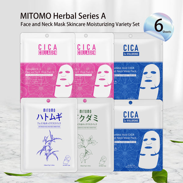MITOMO Herbal Series A - Bundles (6 Sheets) Face and Neck Mask Skincare Moisturizing Variety Set - 4 Types [TKHB0001N-01-006]