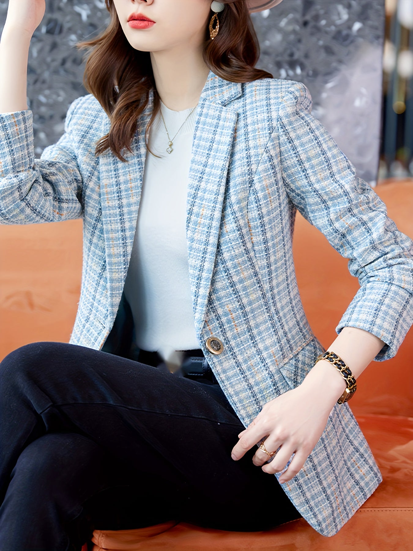 Blue plaid fashion blazer womens