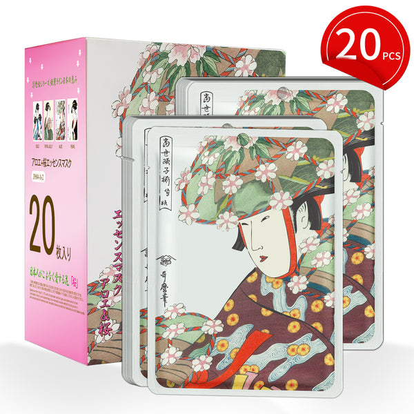 Mitomo Aloe + Cherry Blossom Facial Essence Mask | 20 Sheets | Soothing & Brightening Care [JPSS00604-A-2x002]