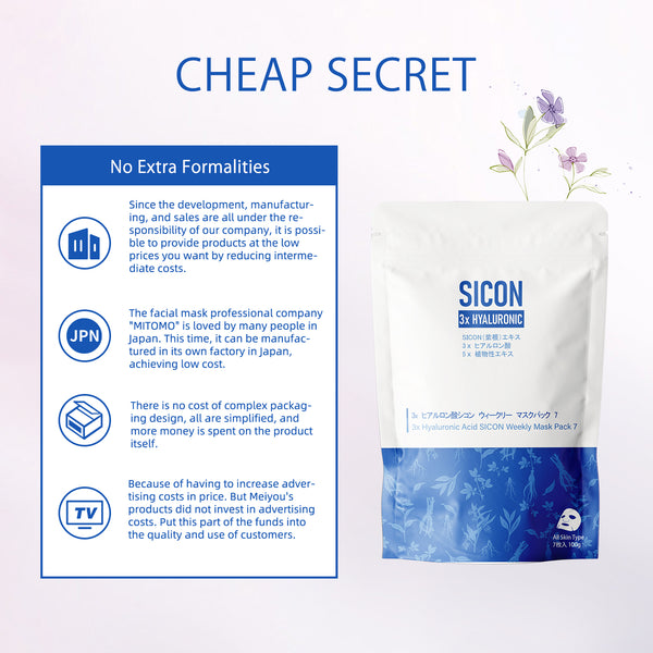 3x Hyaluronic Acid SICON Weekly Face Mask Pack 7 Sheets [SI001-B-100] - Mitomo 